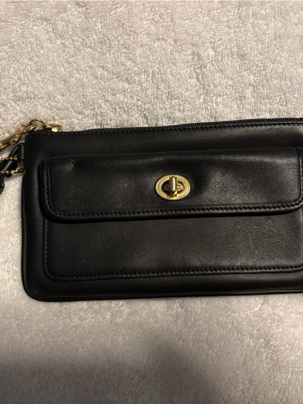Coach Black Leather Turnlock Wristlet with Gold Hardware